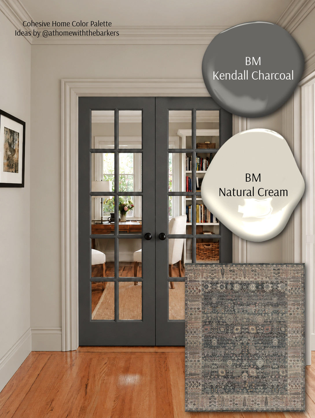DIY home decorating, paint color samples and area rug 

 