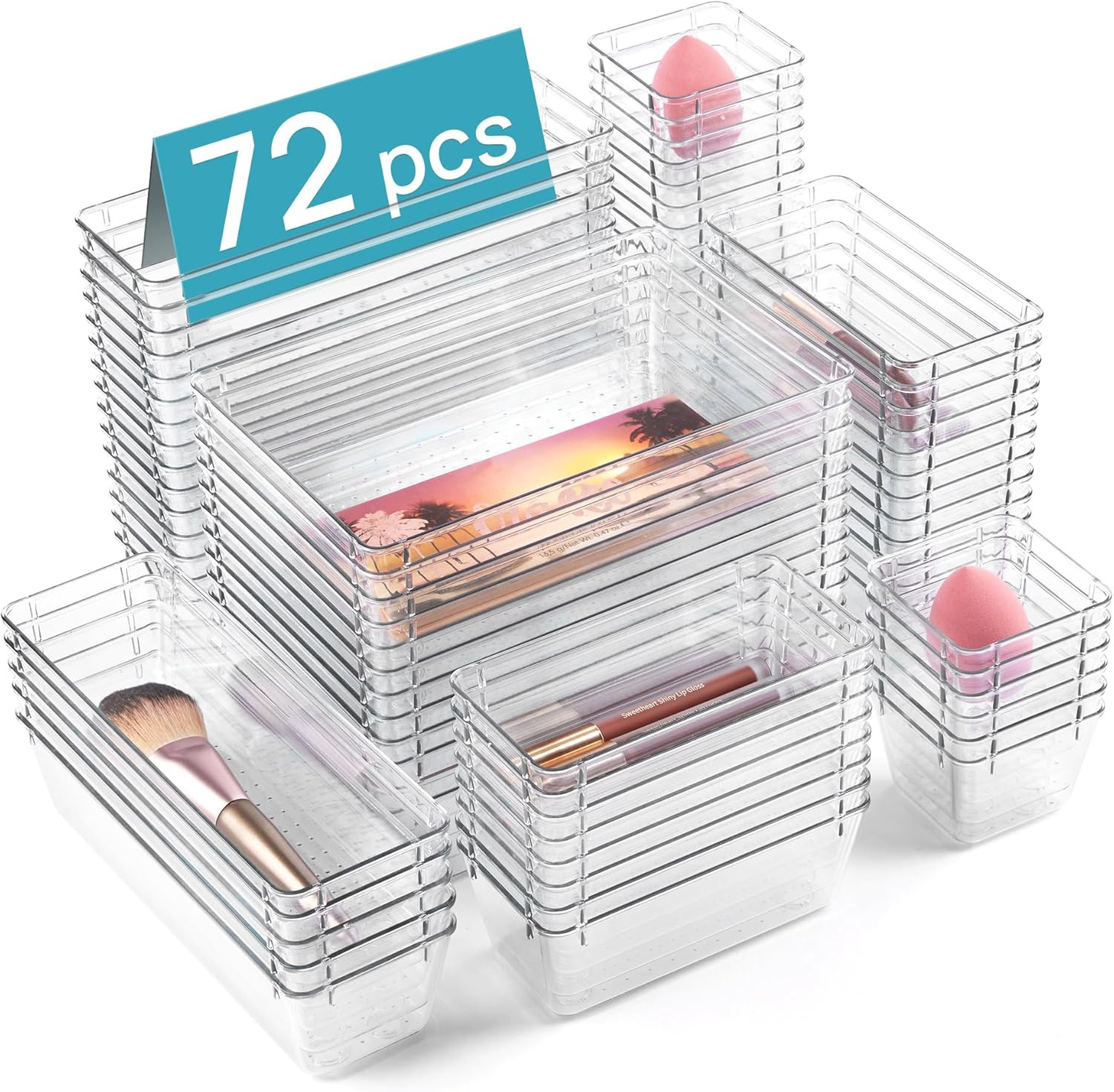 Vtopmart 72 PCS Clear Plastic Drawer Organizers Set, 4-Size Versatile Bathroom and Vanity Organiz... | Amazon (US)