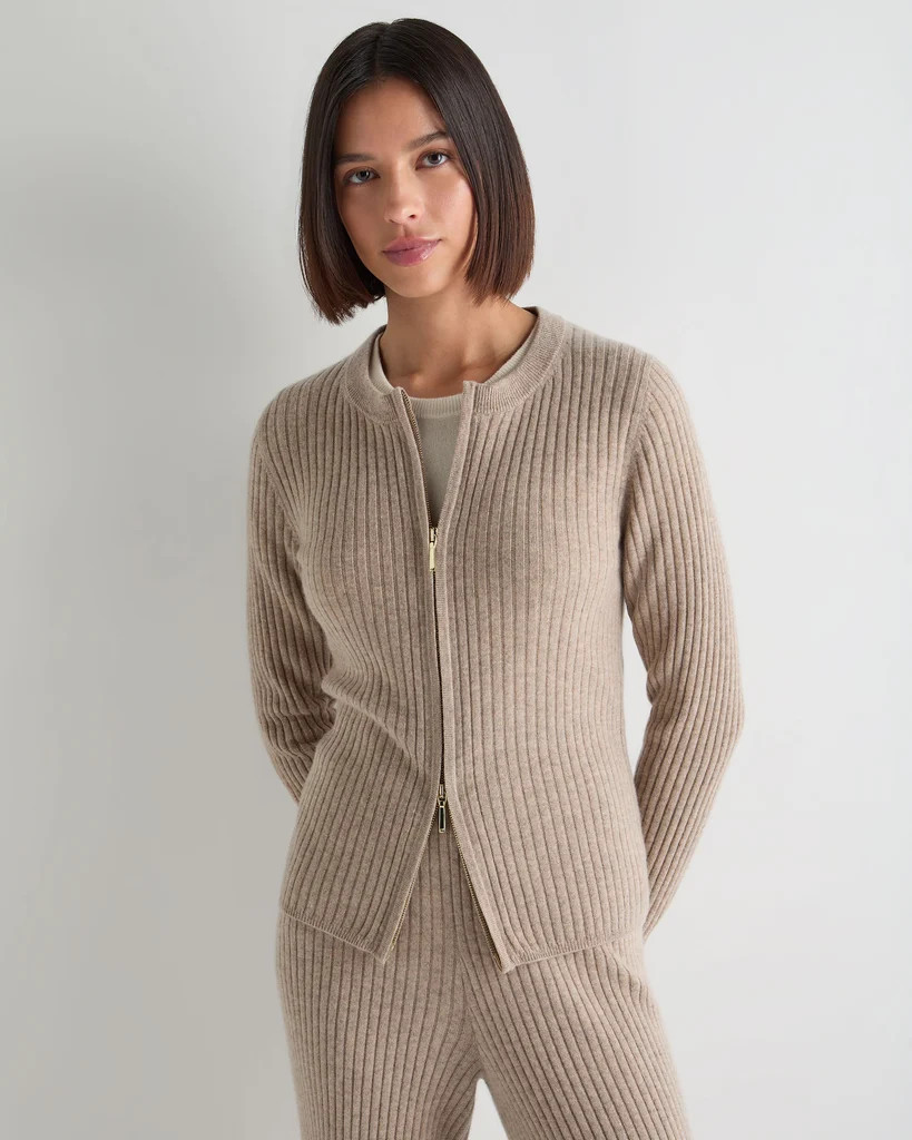Women's Ribbed Full Zip Cashmere Jumper Oatmeal Brown | N.Peal