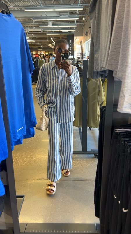 Vacation outfit! Striped linen long sleeve shirt and wide leg pants, raffia sandals, white woven knotted purse and square sunglasses  

#LTKFindsUnder100 #LTKVideo #LTKStyleTip