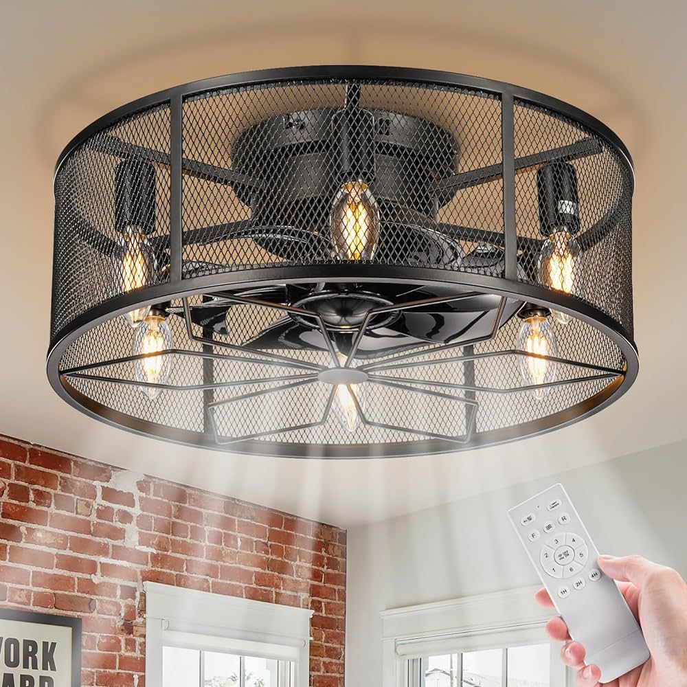 NookNova 18'' Black Flush Mount Farmhouse Low Profile Small Caged Ceiling Fan with Lights Remote ... | Amazon (US)