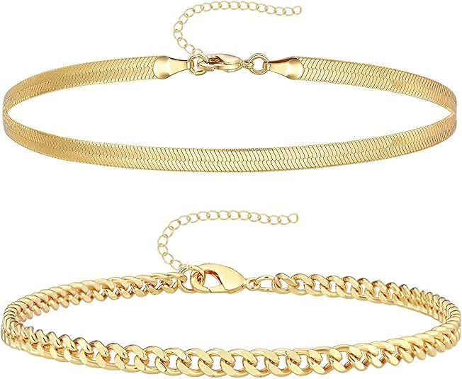 Gokeey Reoxvo Dainty Gold Chain Bracelets Set for Women 14K Real Gold Plated Link Chain Bracelets... | Amazon (US)