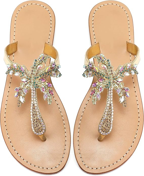 Monrovia Women's Rhinestone Jeweled Flat Beach Wedding Summer Sandals Gold Rhinestone Jeweled San... | Amazon (US)