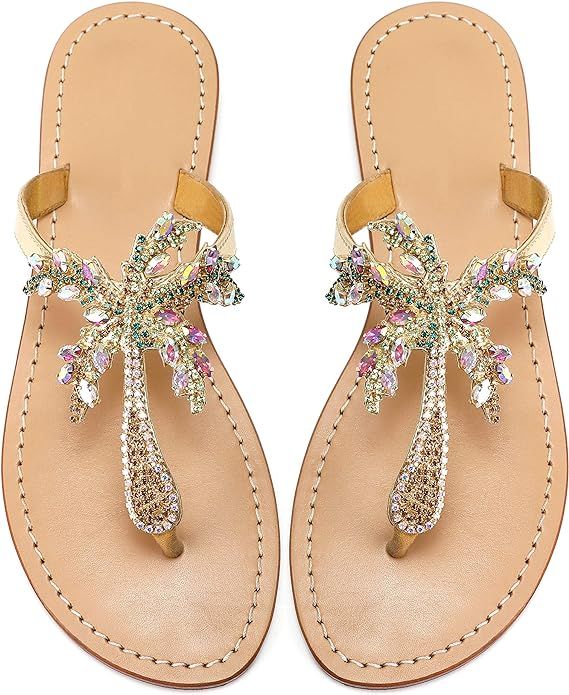 Monrovia Women's Rhinestone Jeweled Flat Beach Wedding Summer Sandals Gold Rhinestone Jeweled San... | Amazon (US)