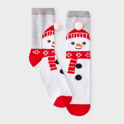 Women's Snowman with 3D Pom Pom Hat Christmas Cozy Crew Socks - Wondershop™ White/Red 4-10 | Target