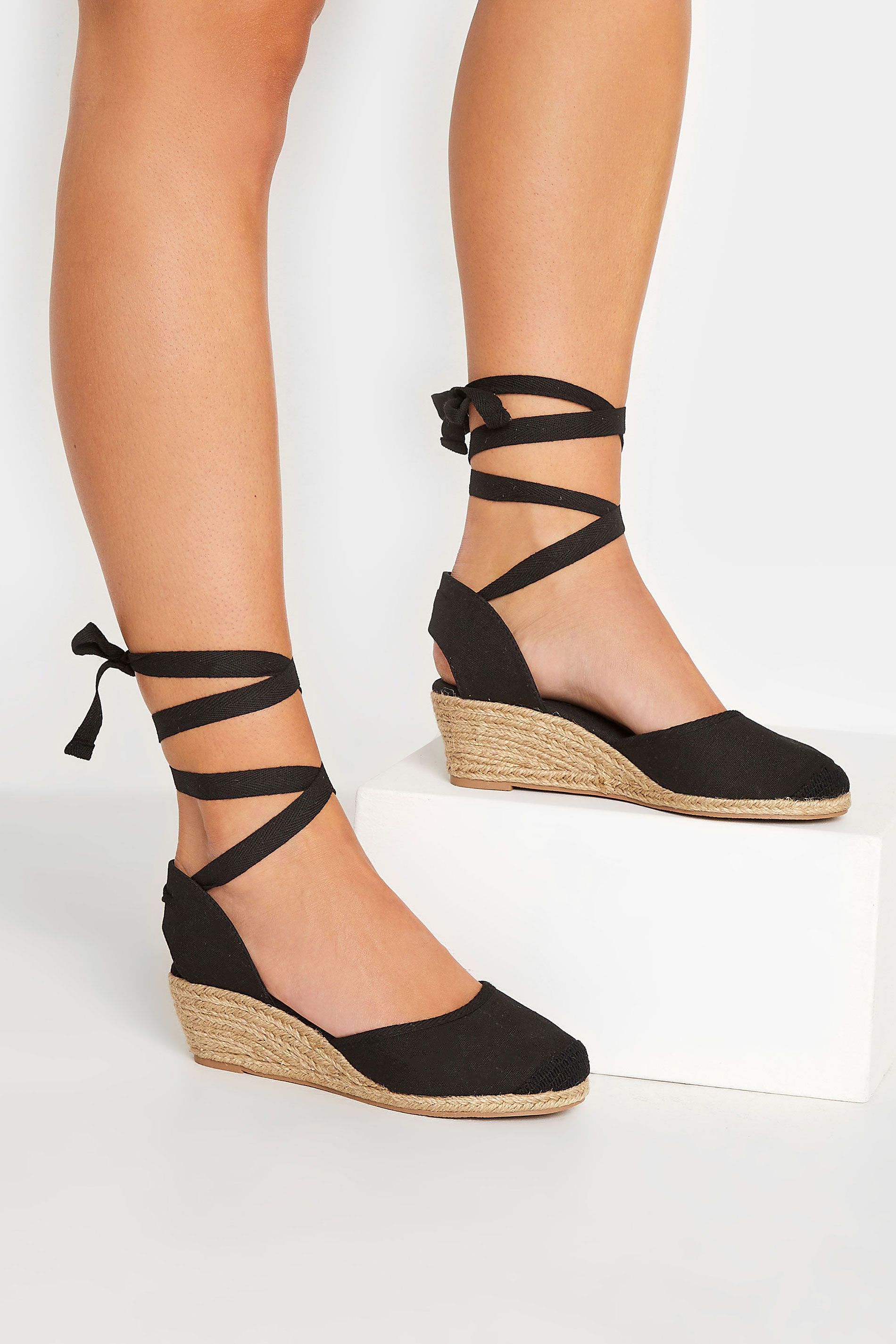 Yours Black Lace Up Espadrille Wedges In Wide E Fit & Extra Wide EEE Fit | Long Tall Sally