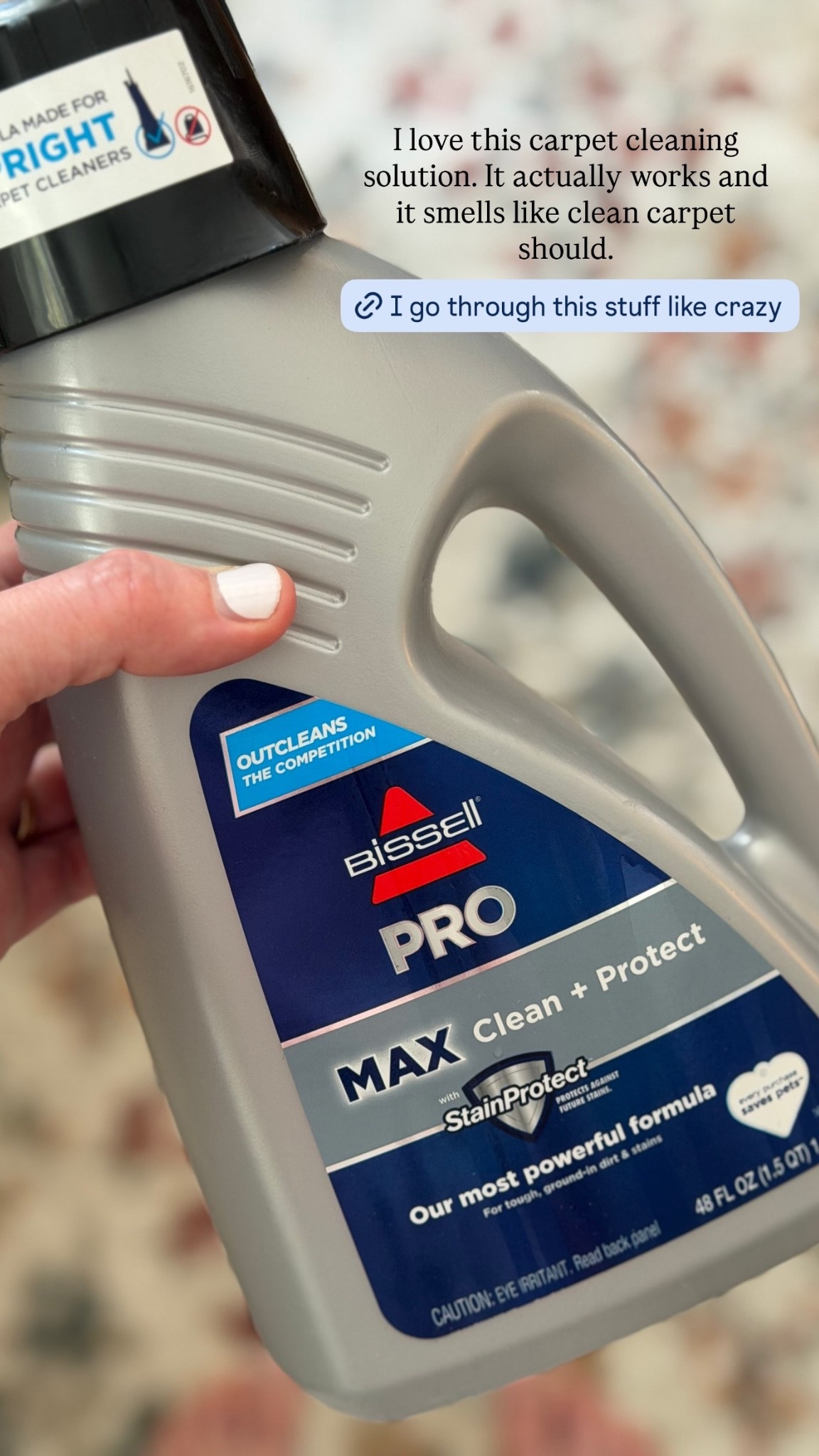 I love this carpet cleaning solution. It actually works and it smells like clean carpet should.