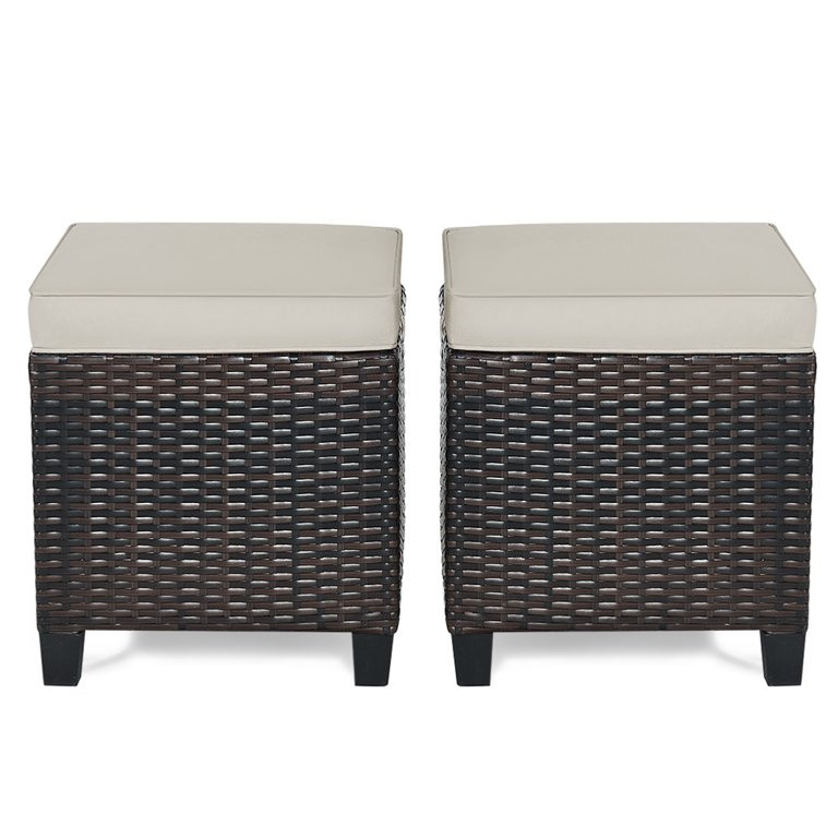 Gymax Set of 2 Patio Rattan Ottoman Footrest Garden Outdoor w/ Brown Cushion | Walmart (US)