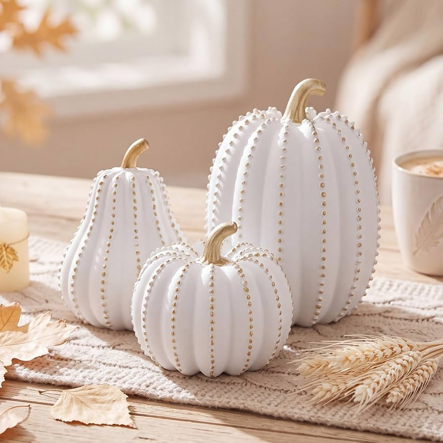 Qunclay 3 Pcs Fall Pumpkin Decorations White Gold Decorative Pumpkins | Amazon (US)