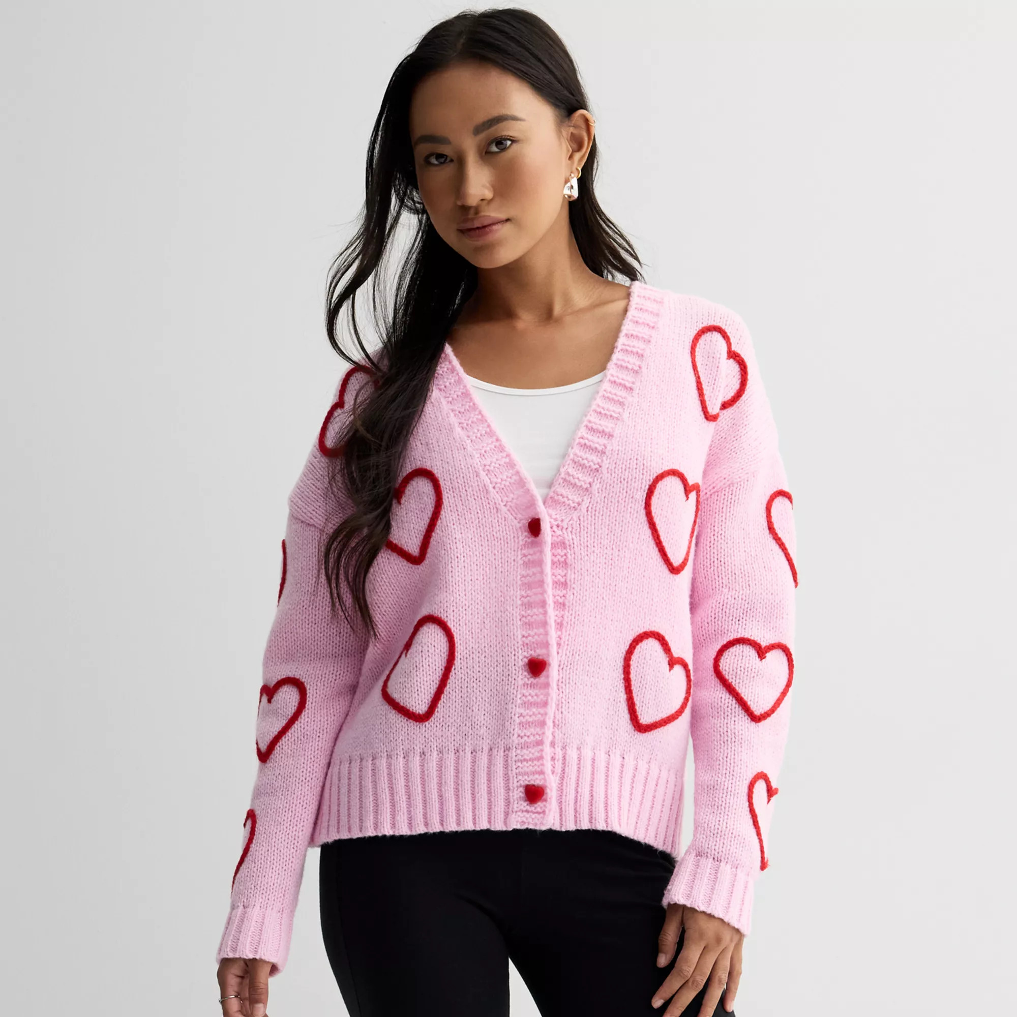 Juniors' FOREVER & EVER 3D Heart Buttons Cardigan | Kohl's