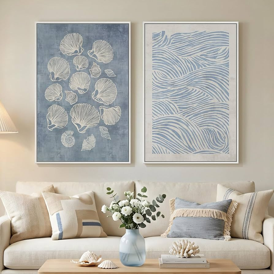 Framed Abstract Coastal Blue White Wall Art for Living Room, Set of 2 Ocean Shell Waves Lines Can... | Amazon (US)