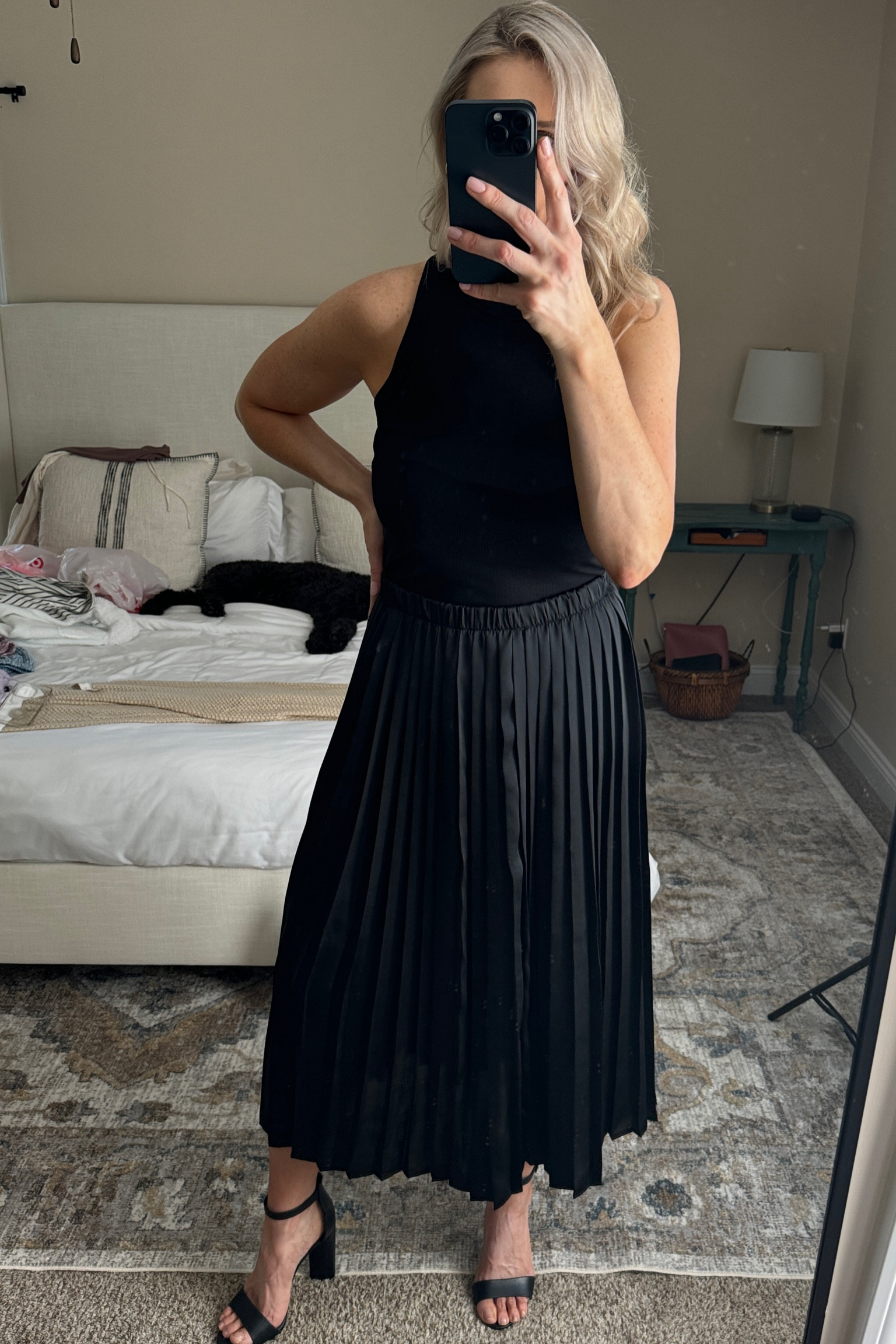 Black midi skirt, black tank top, black heels.

#minimalist #blackheels #midiskirt #blacktanktop 

#LTKshoecrush #LTKfindsunder50 #LTKxTarget