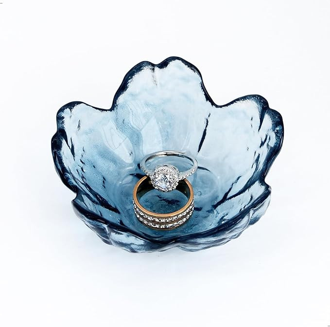 Crystal Blue Flower Ring Dish Jewelry Tray, Decorative Glass Trinket Dish, Modern Accent Tray for... | Amazon (US)