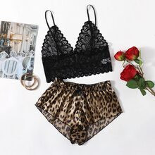 Leopard Satin Floral Lace Lingerie Set | SHEIN