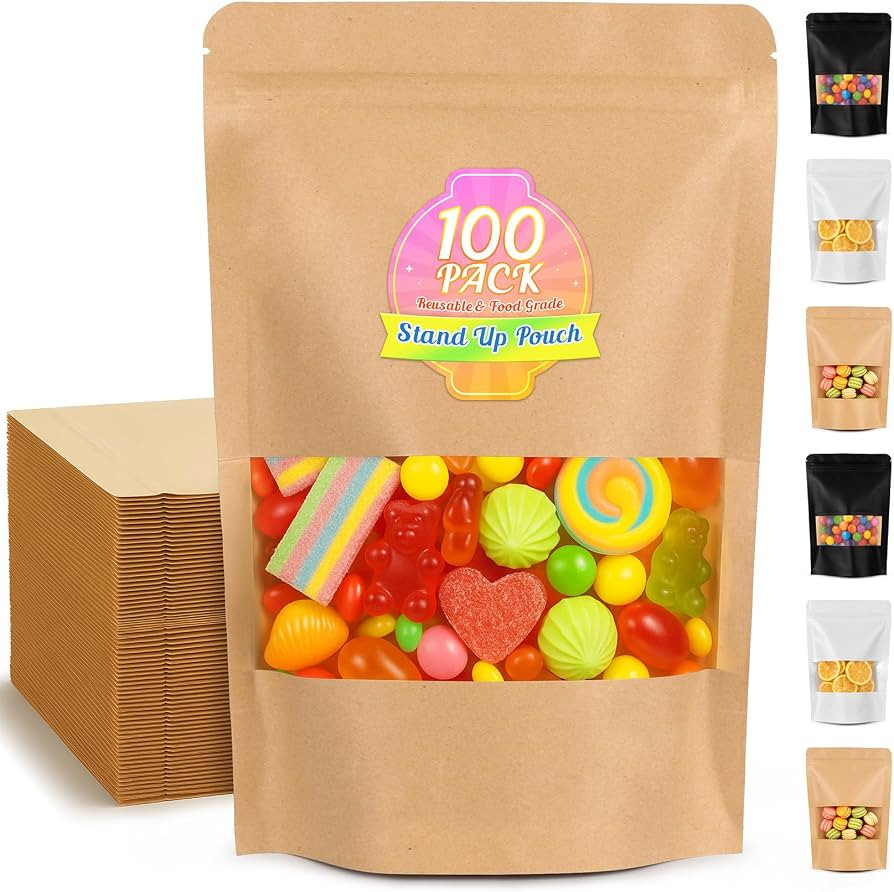 Food Bags 100 Pack Granola Trail Mix Bags Sealed Bag with Window Resealable Stand Up Pouches Wax ... | Amazon (US)