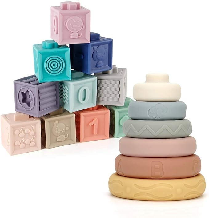 Mini Tudou Baby Blocks & Stacking Rings Toy Set, Baby Sensory Building & Teething Toys Educationa... | Amazon (US)