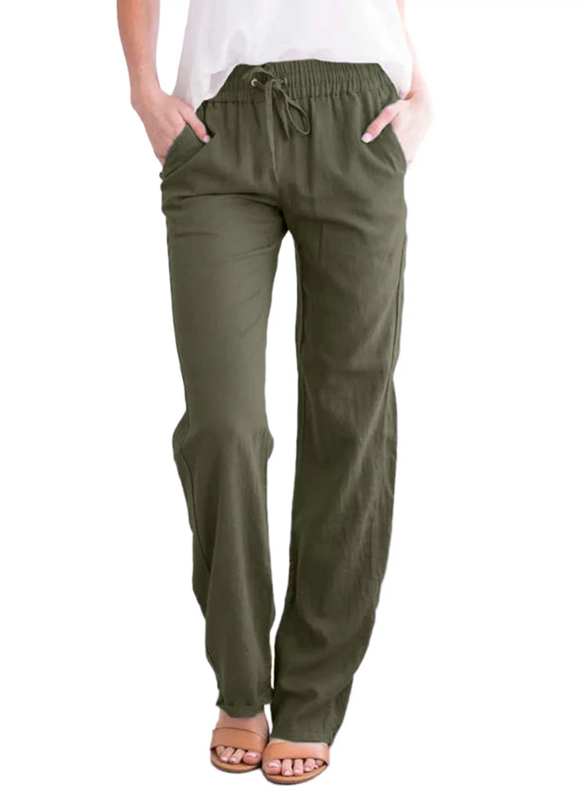 EVALESS Womens Linen Pants Elastic Waist Straight Leg Pants with Pockets Lightweight Casual Pants... | Walmart (US)