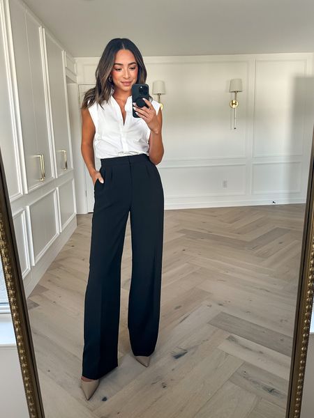 Business casual work outfit for summer! Wide leg pants are $59! Size 2 Long in trousers, size XS white button down 

#LTKstyletip #LTKunder100 #LTKworkwear