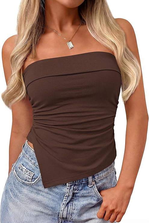 PRETTYGARDEN Going Out Tube Tops for Women Trendy Summer 2026 Asymmetrical Ruched Strapless Bande... | Amazon (US)