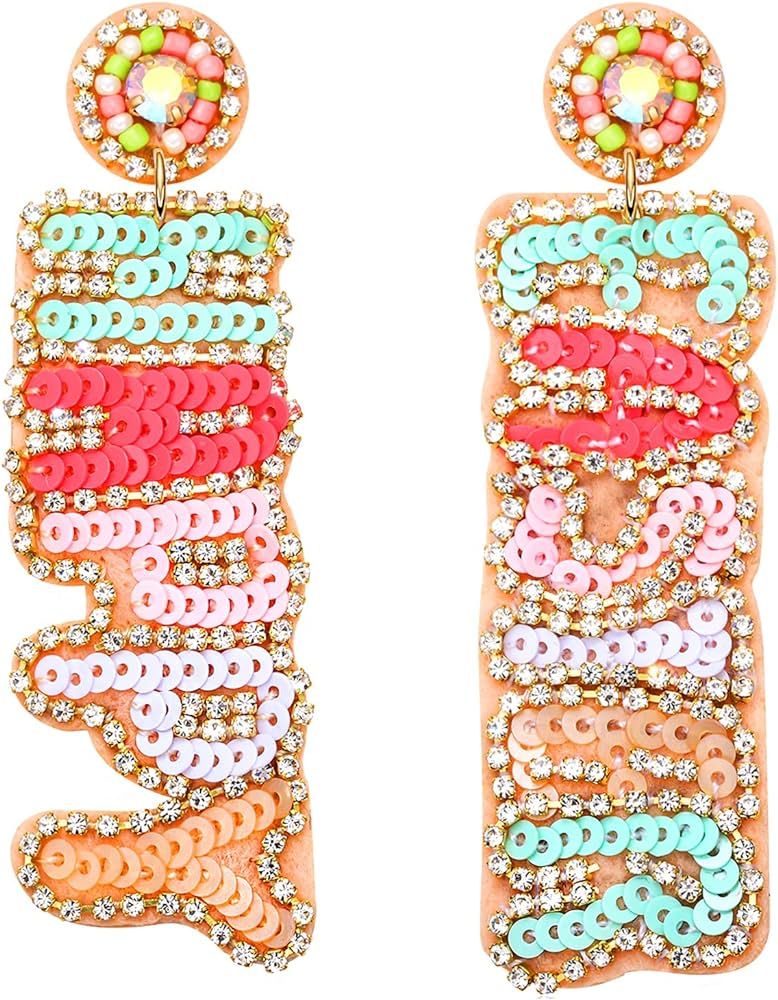 Easter Earrings for Women Handmade Sequin HAPPY EASTER Dangle Earrings Sparkling Rhinestone Sprin... | Amazon (US)