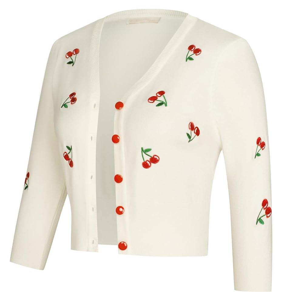 Belle Poque Women's 3/4 Sleeve V-Neck Button Down Cherries Embroidery Cropped Cardigan Sweater Co... | Amazon (US)