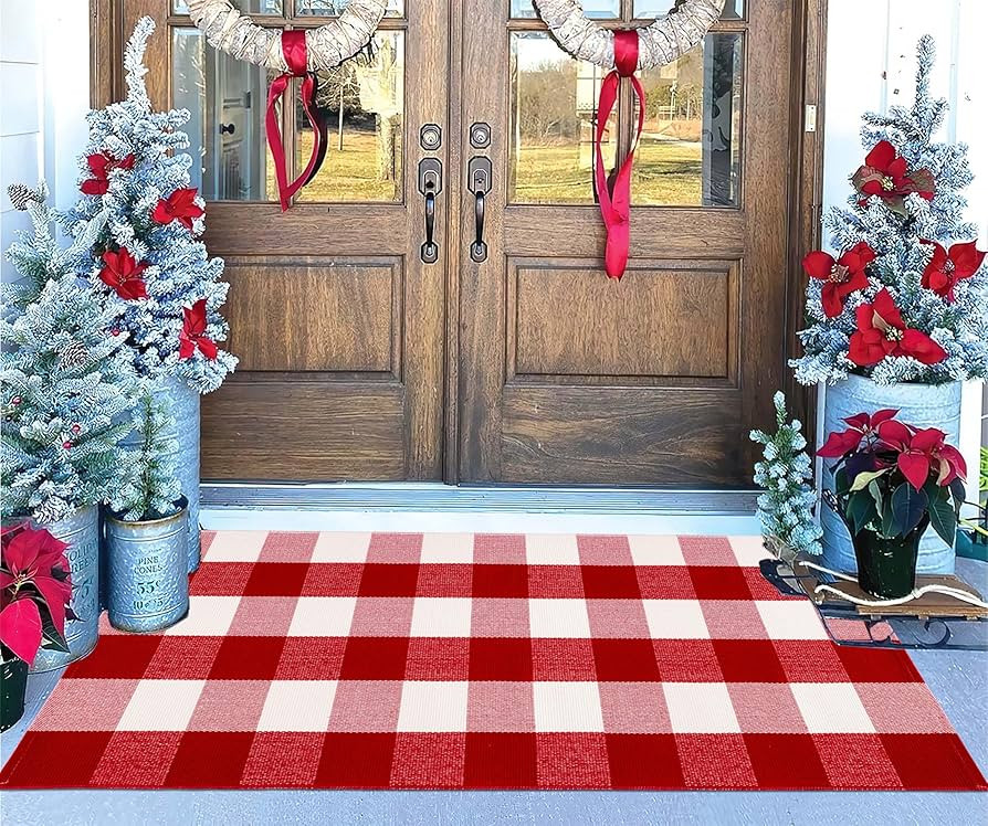 Christmas Outdoor Rugs 24 x 51''Red White Buffalo Plaid Front Porch Rug Hand-Woven Machine Washab... | Amazon (US)