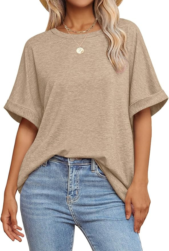 Women Oversized T Shirts Crew Neck Short Sleeve Tops Summer Dressy Casual Loose Fit Tee 2025 Tren... | Amazon (US)