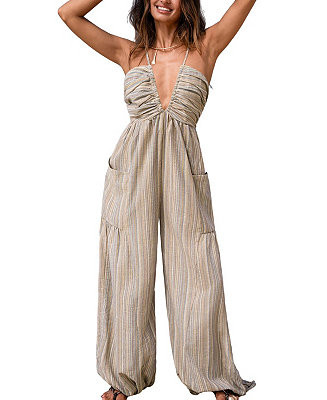 Women's Striped Plunge Loose Leg Jumpsuit | Macy's