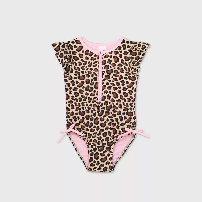 Toddler Girls' Leopard Print Zip-Front Flutter Sleeve One Piece Swimsuit - Cat & Jack™ Brown | Target