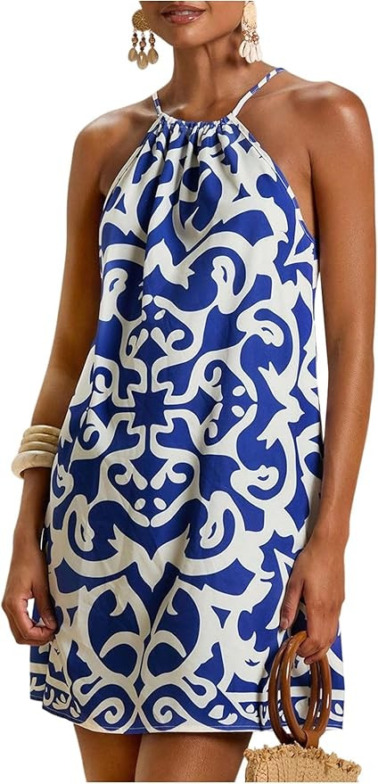 SweatyRocks Women's Tropical Print Halter Dresses Sleeveless Holiday Summer Mini Dress | Amazon (US)