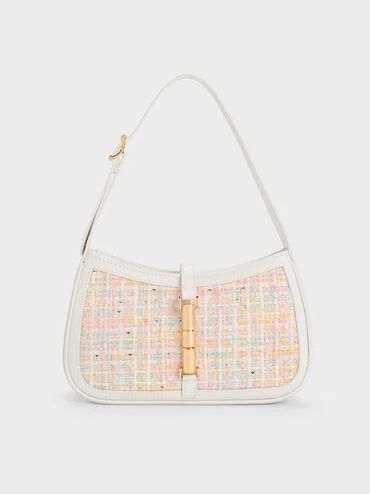 White Cesia Metallic Accent Tweed Shoulder Bag | CHARLES & KEITH | Charles & Keith US