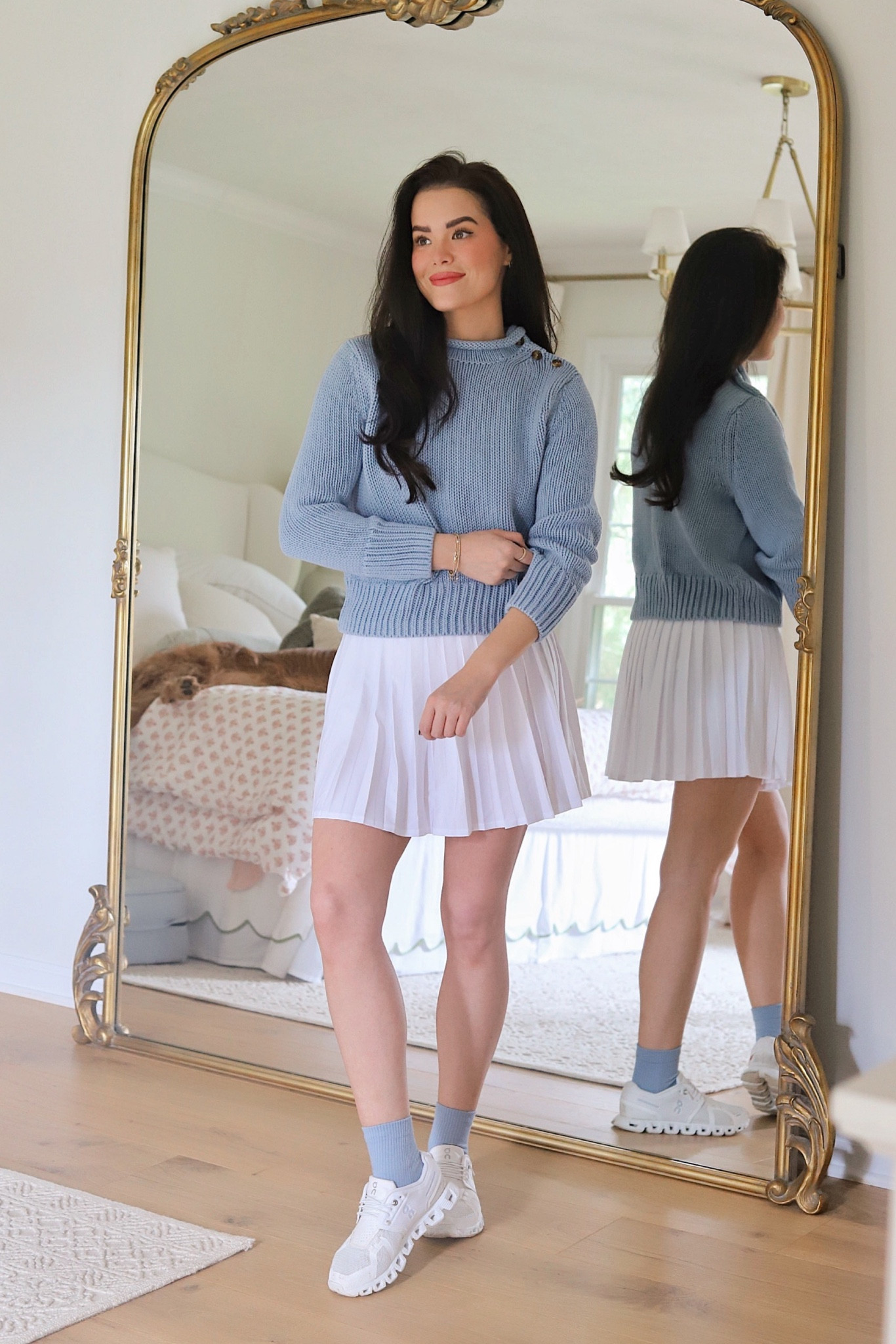 Addison bay skort / lake sweater / bombas socks / on sneakers / casual comfy mom outfit 