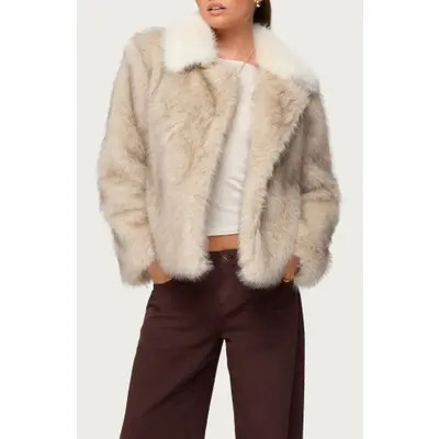 EDIKTED Contrast Collar Faux Fur Jacket in Tan at Nordstrom, Size Large | Nordstrom