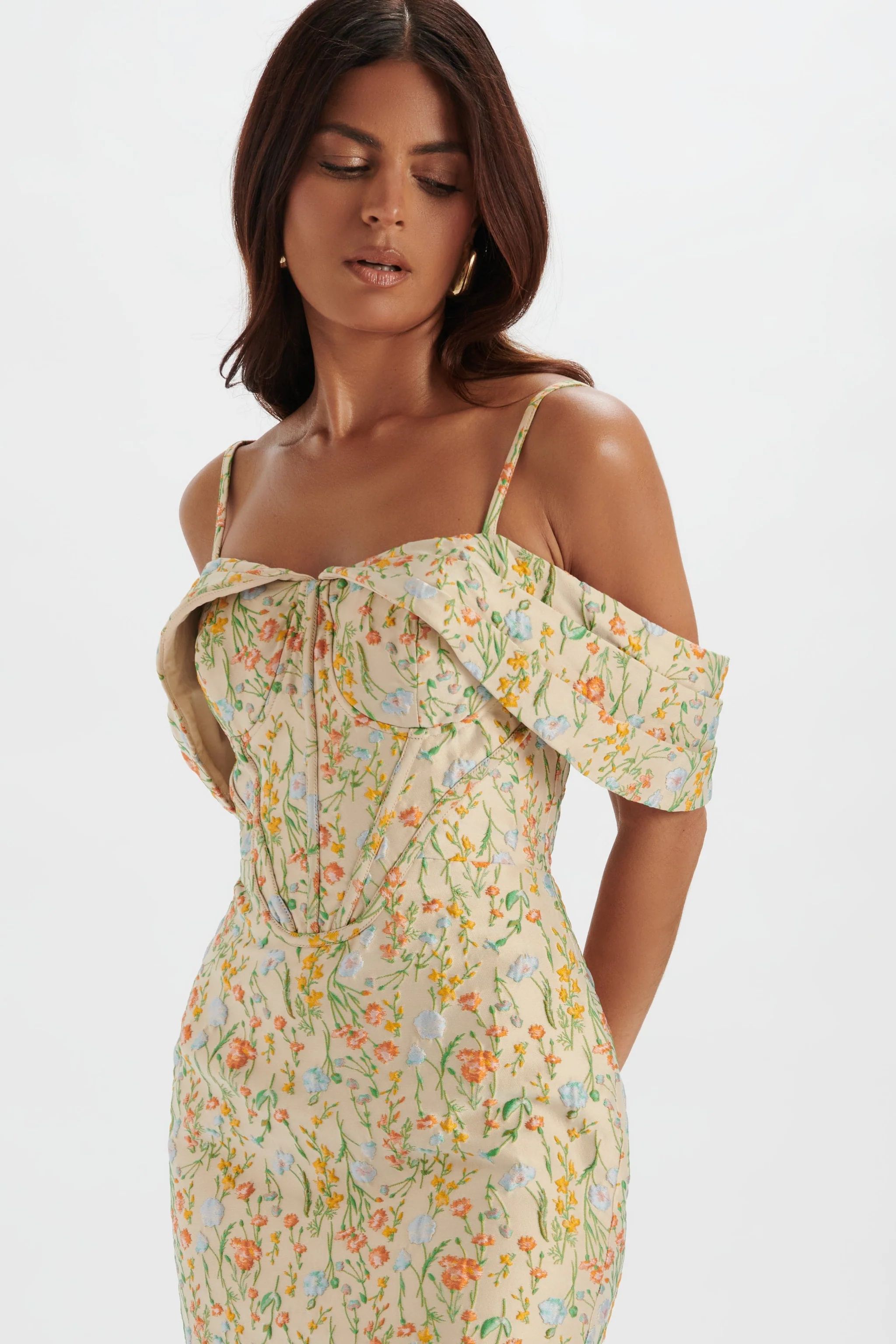 AMIA Bardot Sleeve Midi Dress in Floral Jacquard | Lavish Alice Retail Ltd
