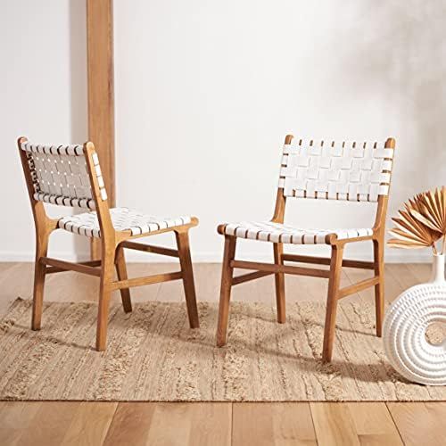 Safavieh Home Taika White and Natural Woven Leather Dining Chair, Set of 2 | Amazon (US)