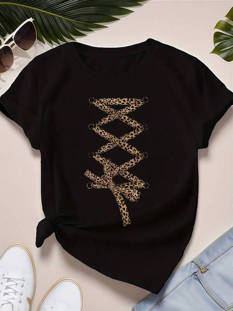 1pc Leopard Print Lace - Up Graphic Short - Sleeve T - Shirt, 100% Cotton Fabric, Animal Print Detail, Retro Sexy Style Top, Perfect For Fashion Shows, Night Outings, Ideal For Year - Round Wear | SHEIN