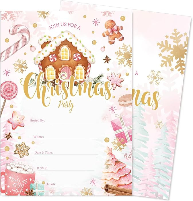Whaline 25 Sets Christmas Invitations with Envelopes Pink Gingerbread House Invitation Cards Blan... | Amazon (US)