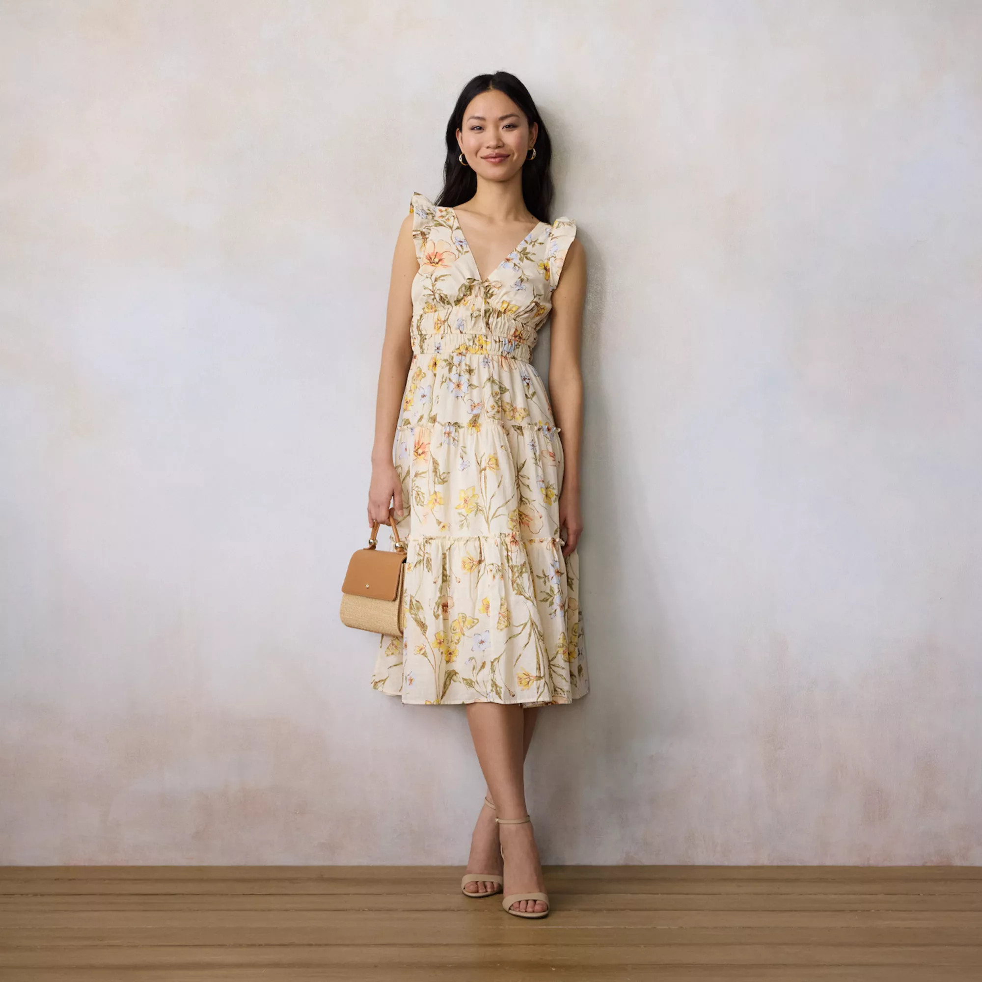 Women's LC Lauren Conrad Shirred Bodice Ruffle Sleeve Midi Dress | Kohl's