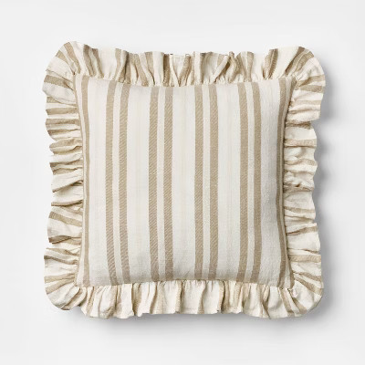 Square Woven Stripe Throw Pillow with Ruffle Taupe/Ivory - Threshold™ designed with Studio McGee | Target