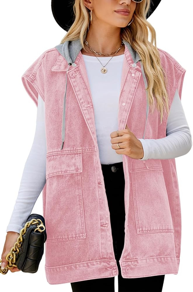PAODIKUAI Women's Oversized Denim Vest Mid Long Jean Vest Sleeveless Jackets Distressed Vest Cott... | Amazon (US)