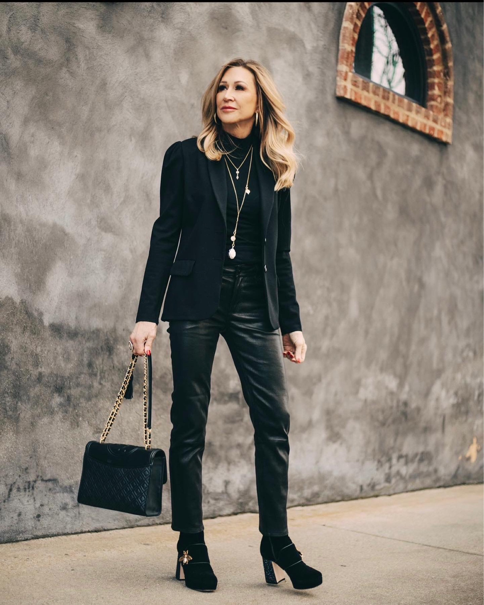 Chic in all black - fitted black blazer from Rag and Bone, Hudson Jeans black leather pants, black turtleneck, black velvet booties and a black Tory Burch bag.  This is a perfect outfit for the holidays and beyond!

#LTKitbag #LTKHoliday #LTKSeasonal