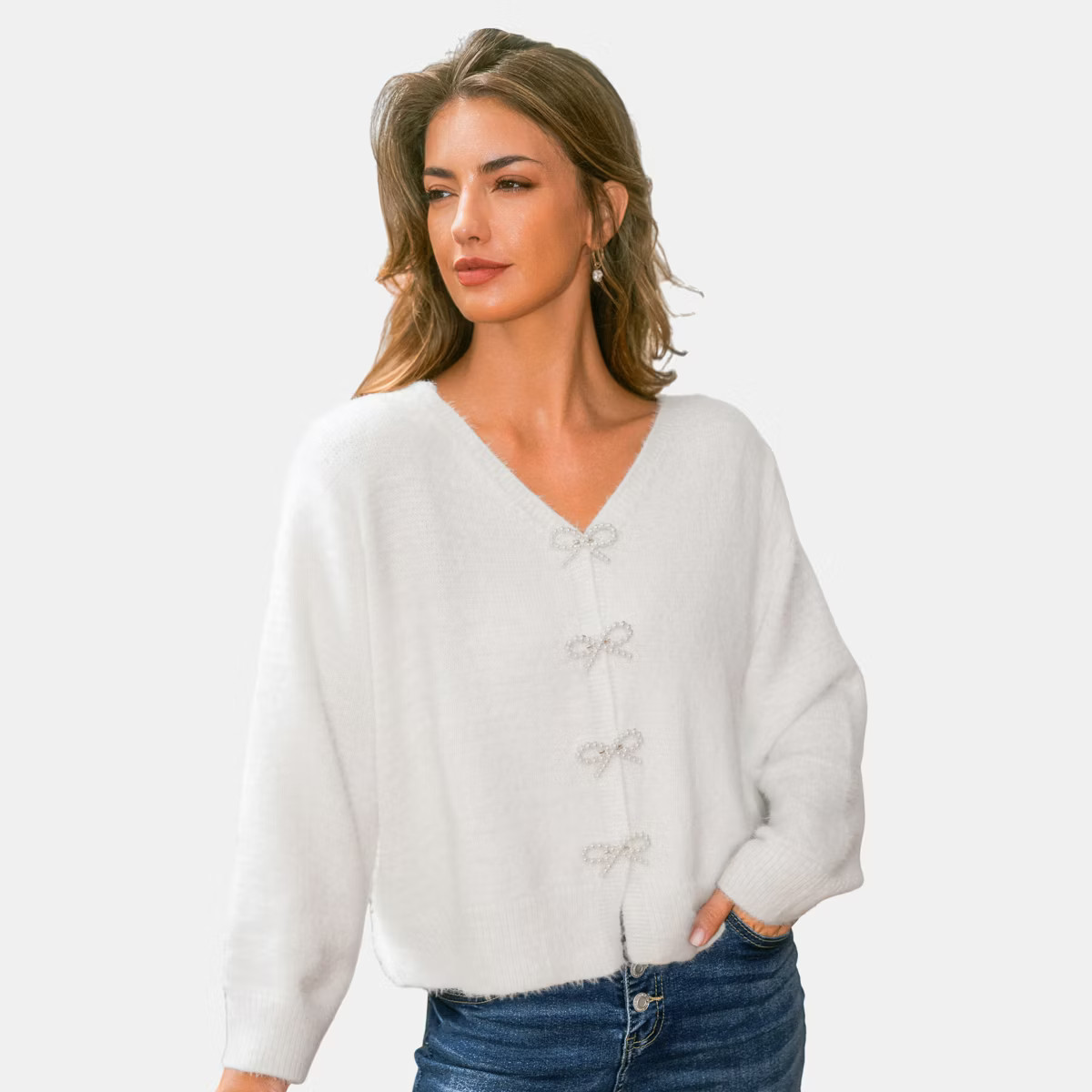 Women's Cozy Bow-Adorned Cardigan Sweater - Cupshe-S-White | Target