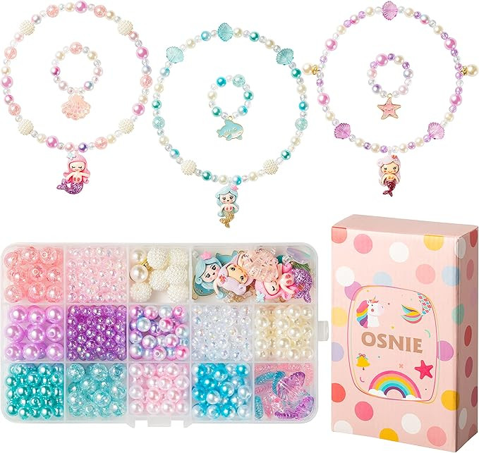 OSNIE Mermaid DIY Bead Jewelry Making Kit for Kids Girls with Jellyfish Shark Heart Starfish Shel... | Amazon (US)