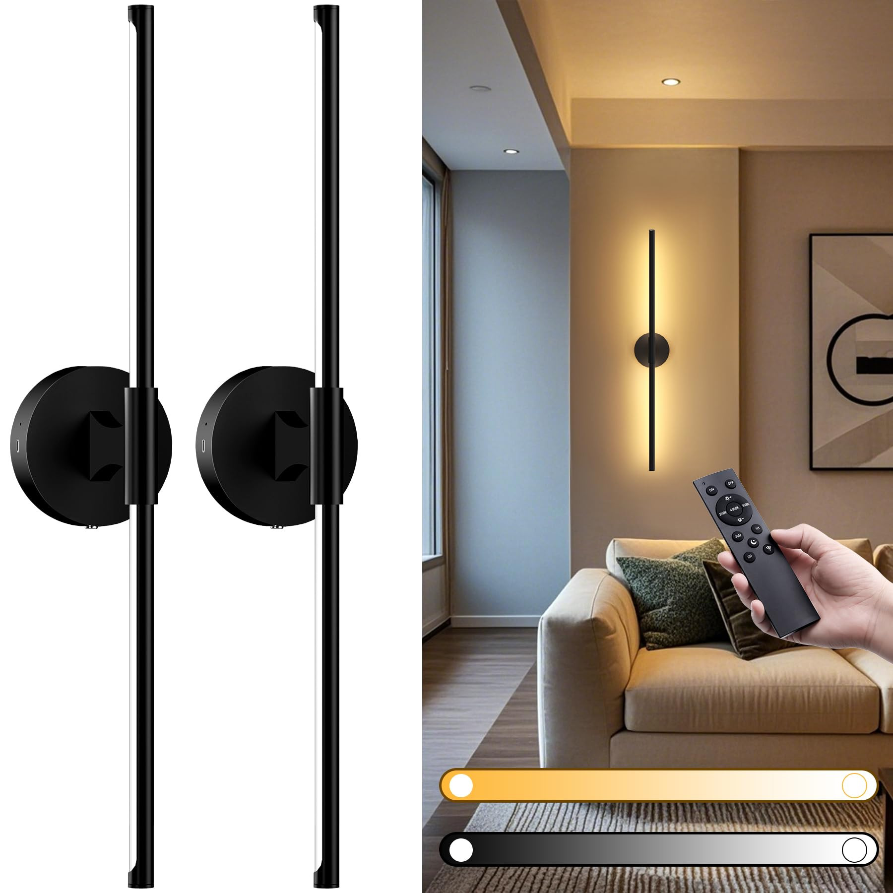 Battery Operated Wall Sconces,31.5 Inch Dimmable Battery Wall Sconce with Remote Control,3 Color ... | Amazon (US)