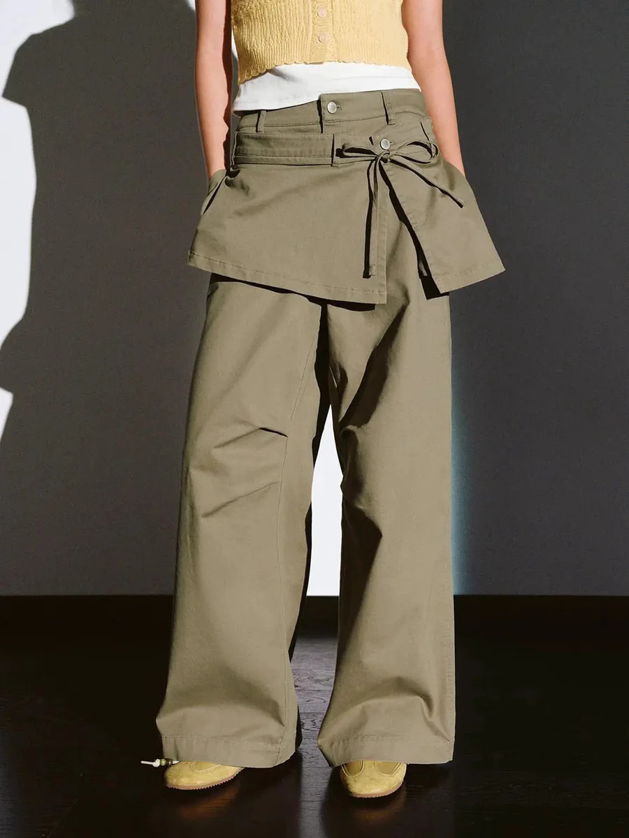 Overlay Detail Wide Leg Cotton Blend Pants | Urban Revivo