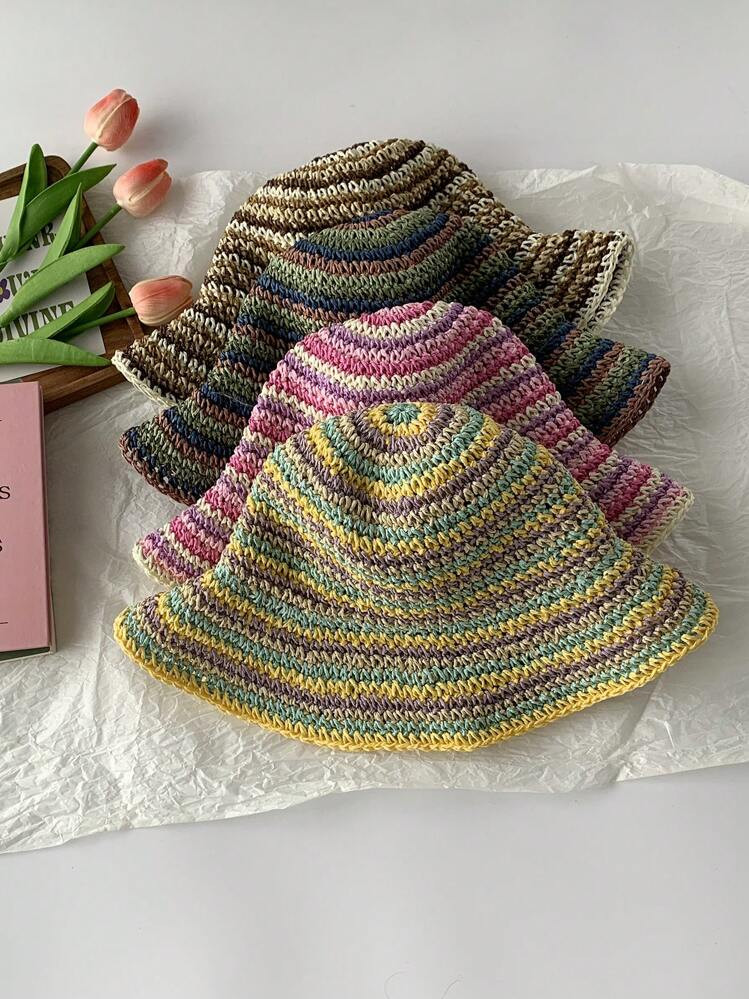 1pc Rainbow Striped Straw Bucket Hat, Women Outdoor Fishing Cap, Woven Striped Bucket Hat, Large Size - Fixed Fit, Wide Brim Beach Vacation Straw Hat | SHEIN