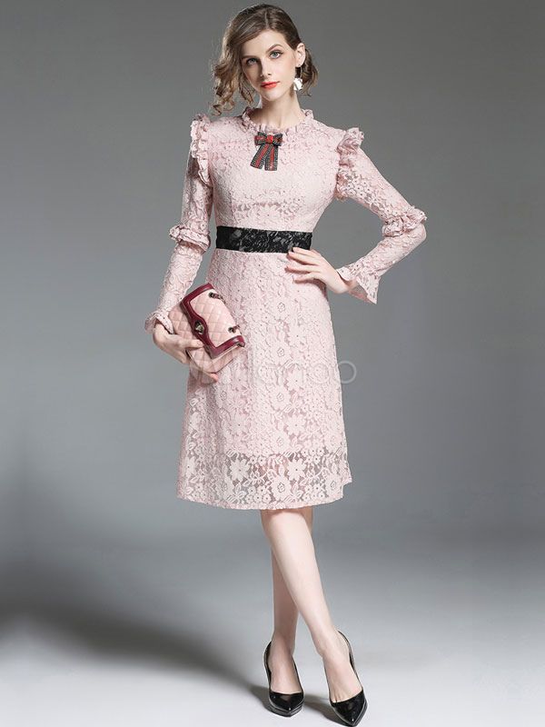 Pink Lace Dress Long Sleeve Crewneck Ruffles Bows Women Midi Dress | Milanoo