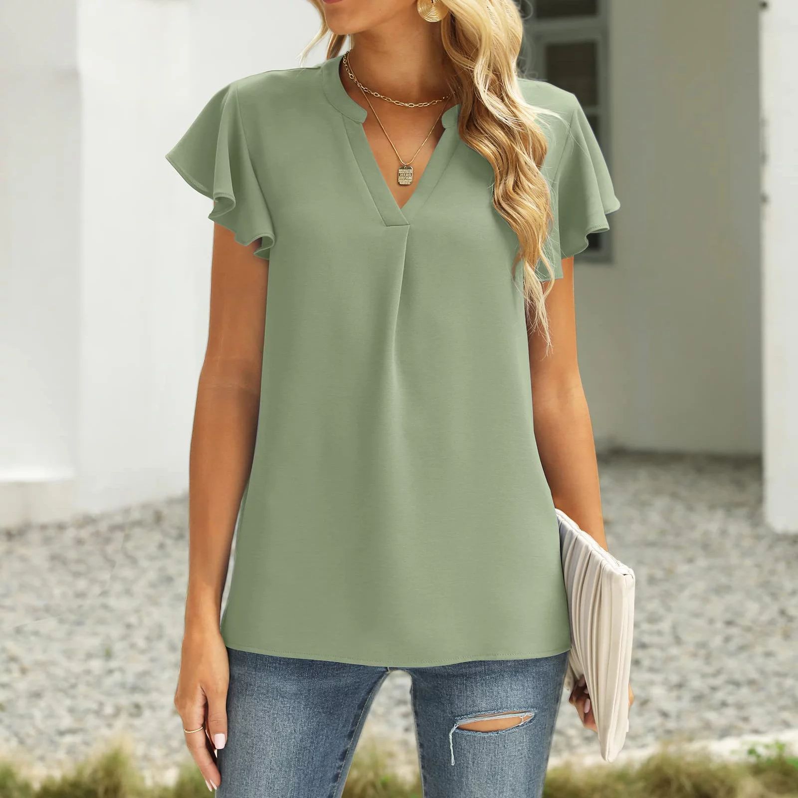 Shirt Women Summer Casual Split V Neckline Chiffon Blouses Loose Tunic Short Sleeve Tops Shirts F... | Walmart (US)