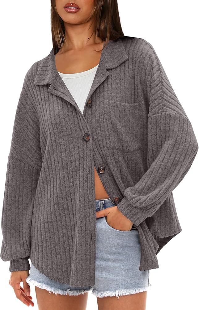 Darong Women’s Tops Button Down Shirts Long Sleeve Shacket Jacket Loose Fit Ribbed Knit Work Fa... | Amazon (US)