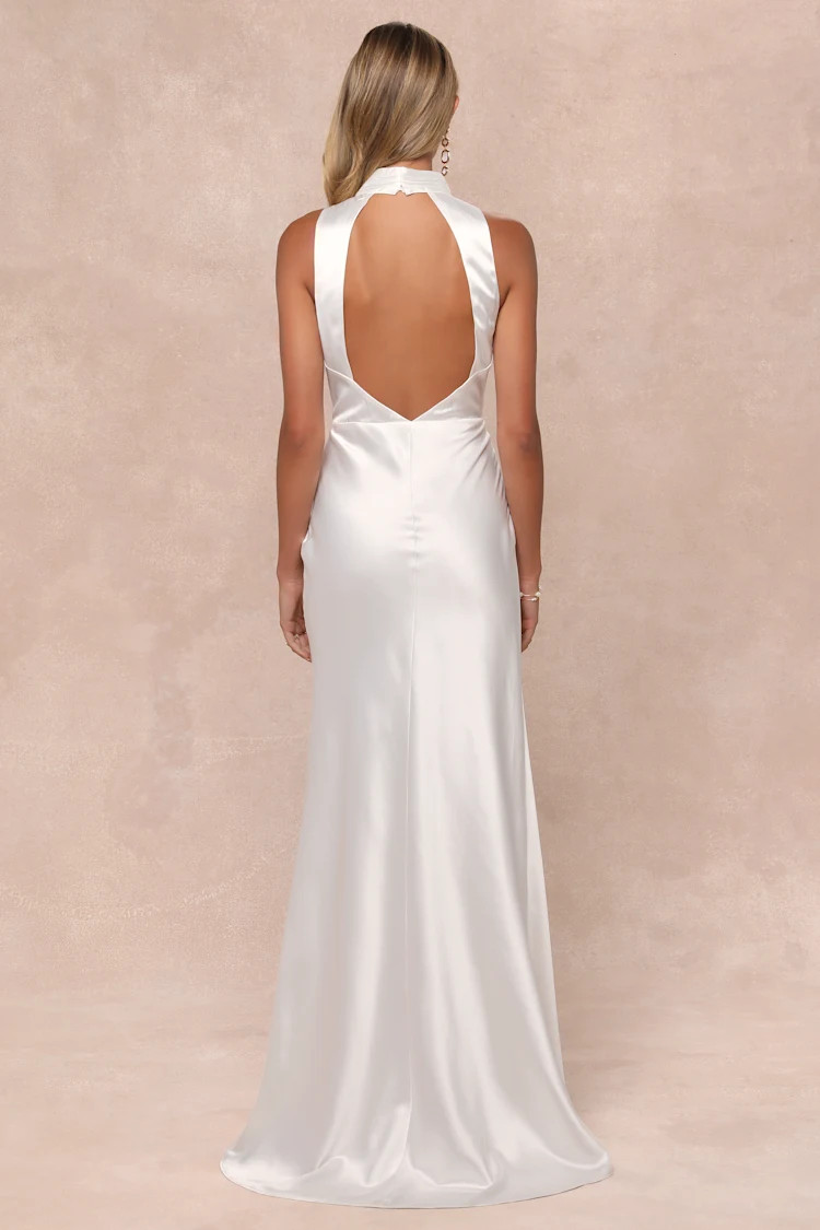 Gorgeous Vow White Satin Mock Neck Cowl Mermaid Maxi Dress | Lulus